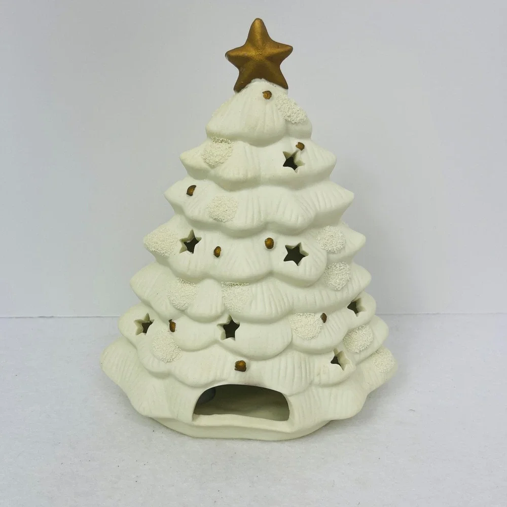 White Ceramic Christmas Tree Tea Light Holder Gold Star Cutouts Holiday Decor 8